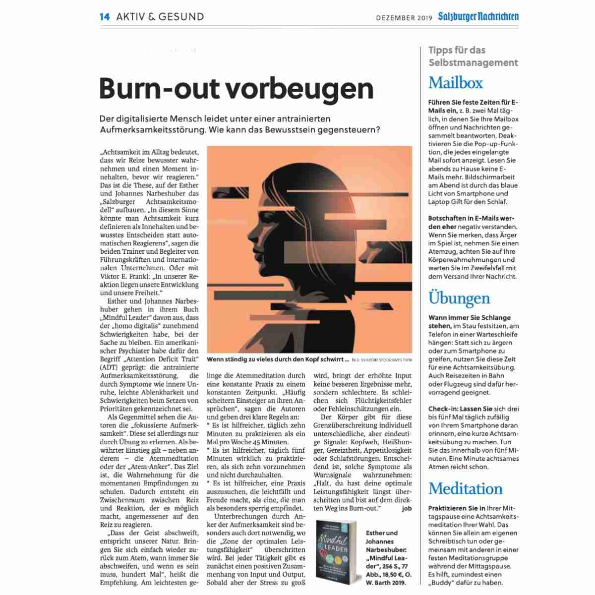 Artikel von Johannes Narbeshuber zum Thema Burnout vorbeugen in den Salzburger Nachrichten